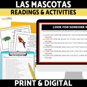 Preview of Las Mascotas Pets in Spanish Animals Reading Comprehension Passages Worksheets