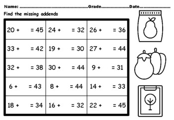 Preview of 50 Farm Math Early Finisher Grade 2, Missing Addends Worksheets upto Number 50