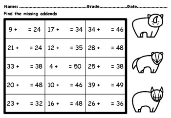 Preview of 50 Forest Animals Math Activity Missing Addends Worksheets upto Number 50,