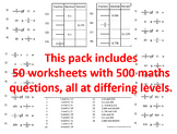 50 Fractions Worksheet - Fraction of Amounts, Decimal->Per