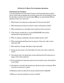 Preview of 50 Fun Get To Know You Attendance Questions: Back to School