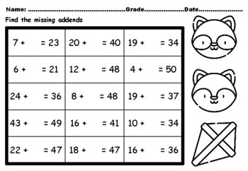Preview of 50 Grade 2 Fall Math Activity Missing Addends Worksheets upto Number 50