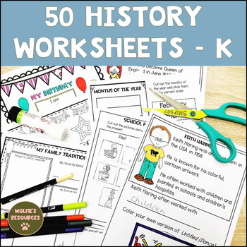 Preview of 50 History Worksheets For Kindergarten | Social Studies Worksheets | Homeschool