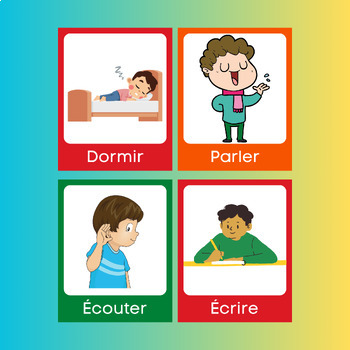 50 Illustrated Verb Cards for Speech Therapy, Autism;... - in French-