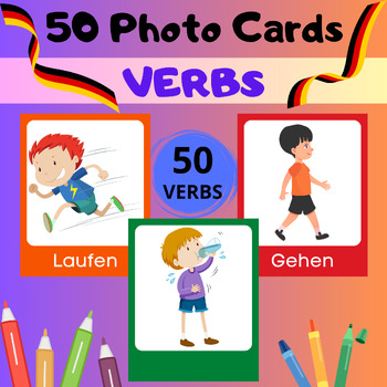 Preview of 50 Illustrated Verb Cards for Speech Therapy, Autism;... - in German-