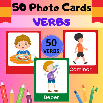 Preview of 50 Illustrated Verb Cards for Speech Therapy, Autism;... - in Spanish -