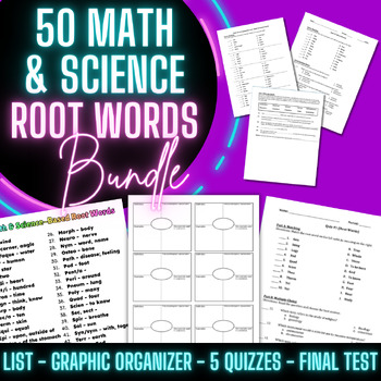Preview of 50 Math & Science Greek Latin Root Words | Template, Quizzes, and Test BUNDLE
