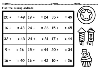 Preview of 50 Math USA Independence Day Missing Addends upto Number 50 CCSS.1.OA.A.1