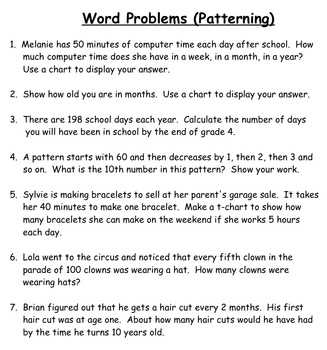 50 Math Word Problems (Patterning, Number Sense, Geometry, Fractions)