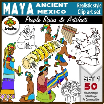 Preview of 50 Maya Aztec Ancient Empires of Mexico Clipart Set 1: Color and black and white
