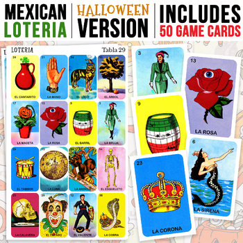 Preview of 50 Halloween Mexican Loteria Game Cards - Kid-Friendly