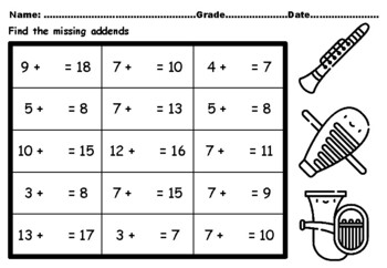 Preview of 50 Music In Our Schools Math Missing Addends Worksheets up to 20 CCSS.1.OA.A.1