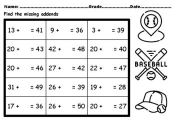 Preview of 50 National Baseball Day Math Activity August 8th Missing Addends upto Number 50