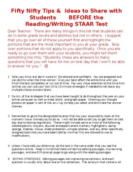 Preview of 50 Nifty Tips & Ideas to Share with Students BEFORE STAAR Reading Writing Test