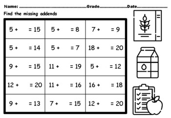 Preview of 50 Nutrition Month Missing Addends Worksheets upto Number 20 CCSS.1.OA.A.1