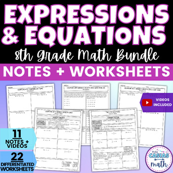 Preview of Expressions and Equations Guided Notes Lessons and Worksheets BUNDLE