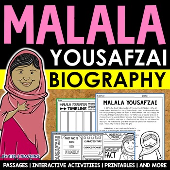 Preview of Malala Yousafzai Biography Unit Pack Reading Passages Graphic Organizers Poster
