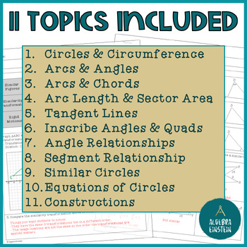 Geometry Circles Unit Guided Notes and Worksheets by Algebra Einstein