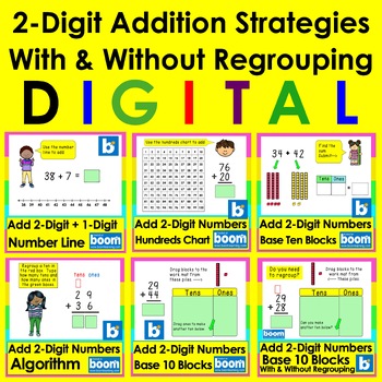 50% OFF 2-Digit Addition Strategies BUNDLE for Boom Cards With & W/O Regrouping
