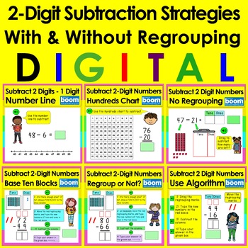 Preview of 50% OFF 2 Digit Subtraction Strategies BUNDLE Boom Cards With & W/O Regrouping