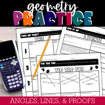 Preview of Angles, Lines, Proofs Practice Choice Board Geometry Worksheets / Homework