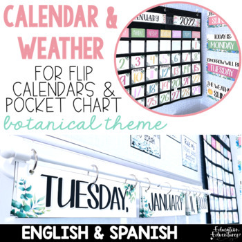 Preview of Botanical Pocket Chart Calendar & Flip Calendar & Weather EDITABLE YEAR