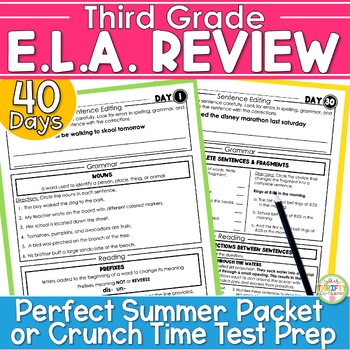 Preview of 3rd Grade ELA Test Prep Review | End of Year Summer Review Packet Worksheets