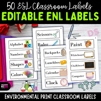 Preview of 50 ESL Classroom Labels - Editable Environmental Classroom Labels