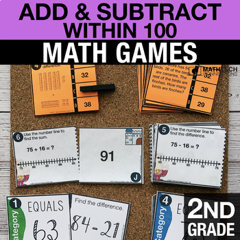 Preview of 2nd Grade Math Centers Add & Subtract within 100 Math Task Cards 2.NBT.5