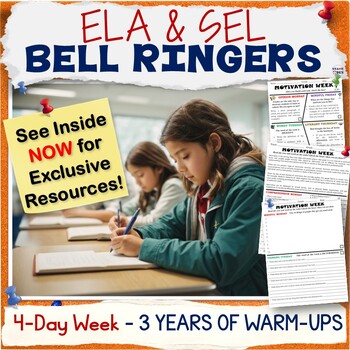 Preview of 50% OFF 4-Day School Week Bell Ringers ELA SEL Activity Packet 3 YEARS Warm-Ups