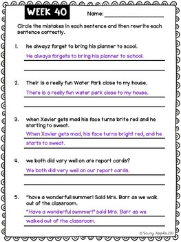 Weekly Sentence Editing Worksheets for the Whole Year 40 Weeks Grade 3