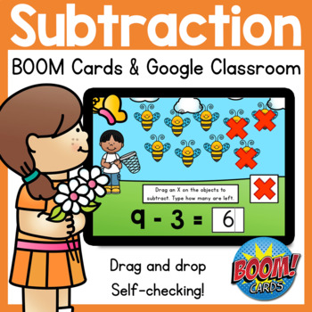 Preview of Subtraction to 10 BOOM Cards and Google Classroom Distance Learning Spring
