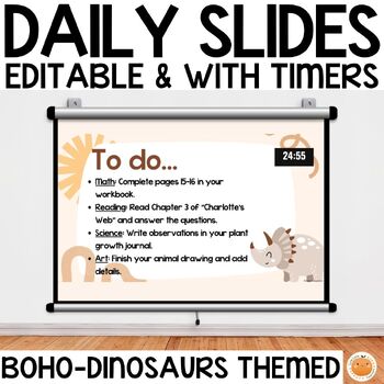 Preview of Boho-Dinosaurs Daily Classroom Slides with Timers, Centers, Classroom Behavior
