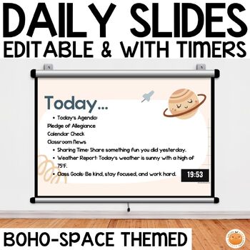 Preview of Boho-Space Daily Classroom Slides with Timers, Centers, Classroom Behavior Tool