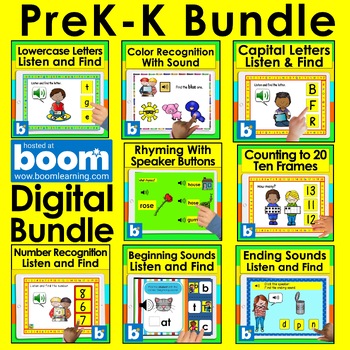 Preview of Boom Cards Bundle PreK Kindergarten Letters Numbers Colors Rhyming Counting