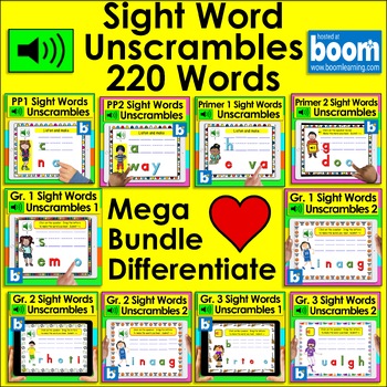 Preview of Boom Cards Sight Word Digital MEGA BUNDLE 220 Words UNSCRAMBLES K-3