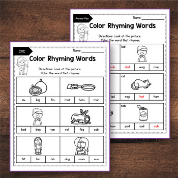 CVC Rhyming Worksheets for Kindergarten, Rhyming Words Worksheets