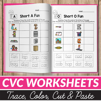 Preview of CVC Word Worksheets Cut and Paste Worksheets Short Vowels Worksheet Fill In