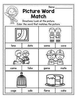 CVCe Worksheets Silent E Activities Picture Word Match | TpT