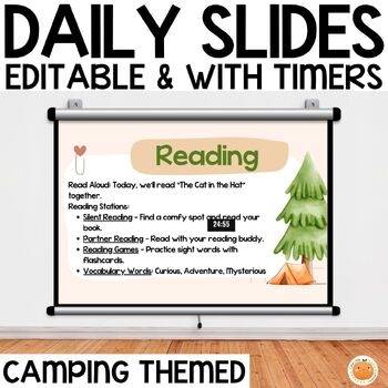 Preview of Camping Themed Classroom Slides with Timers, Centers, Classroom Behavior Tool