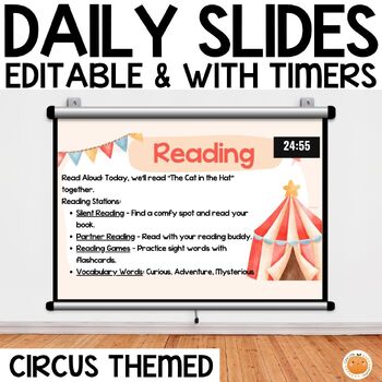 Preview of Circus Daily Classroom Slides with Timers, Centers, Classroom Behavior Tool