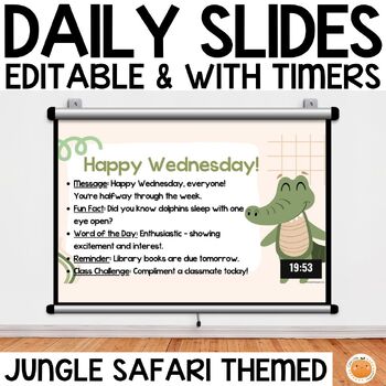 Preview of Jungle Safari Daily Classroom Slides with Timers, Centers, Behavior Management