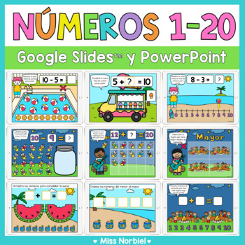 Preview of Números del 1 al 20 para Google Classroom™ | Numbers 1-20 in Spanish Summer