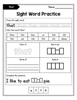 sight word homework kindergarten