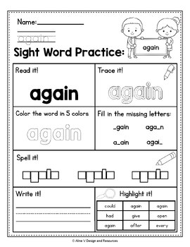 First Grade Sight Word List Sight Word Practice Worksheets Morning Work