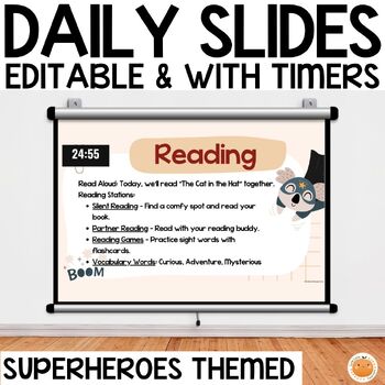 Preview of Superheroes Daily Classroom Slides with Timers, Centers, Classroom Behavior Tool
