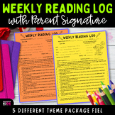 Weekly Reading Log with Parent Signature - 5 Different Themes