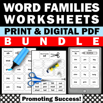 word families worksheets first grade phonics bundle cvc word work esl