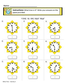 kindergarten 1st grade telling time to half hour