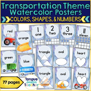 Preview of Watercolor Transportation Theme Classroom Décor Numbers Shapes Colors Posters